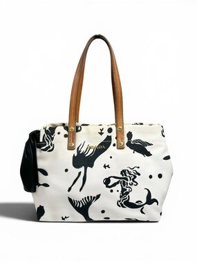 Prada White & Black Mermaid Stampata Canapa & Leather Bow Stampada Bag